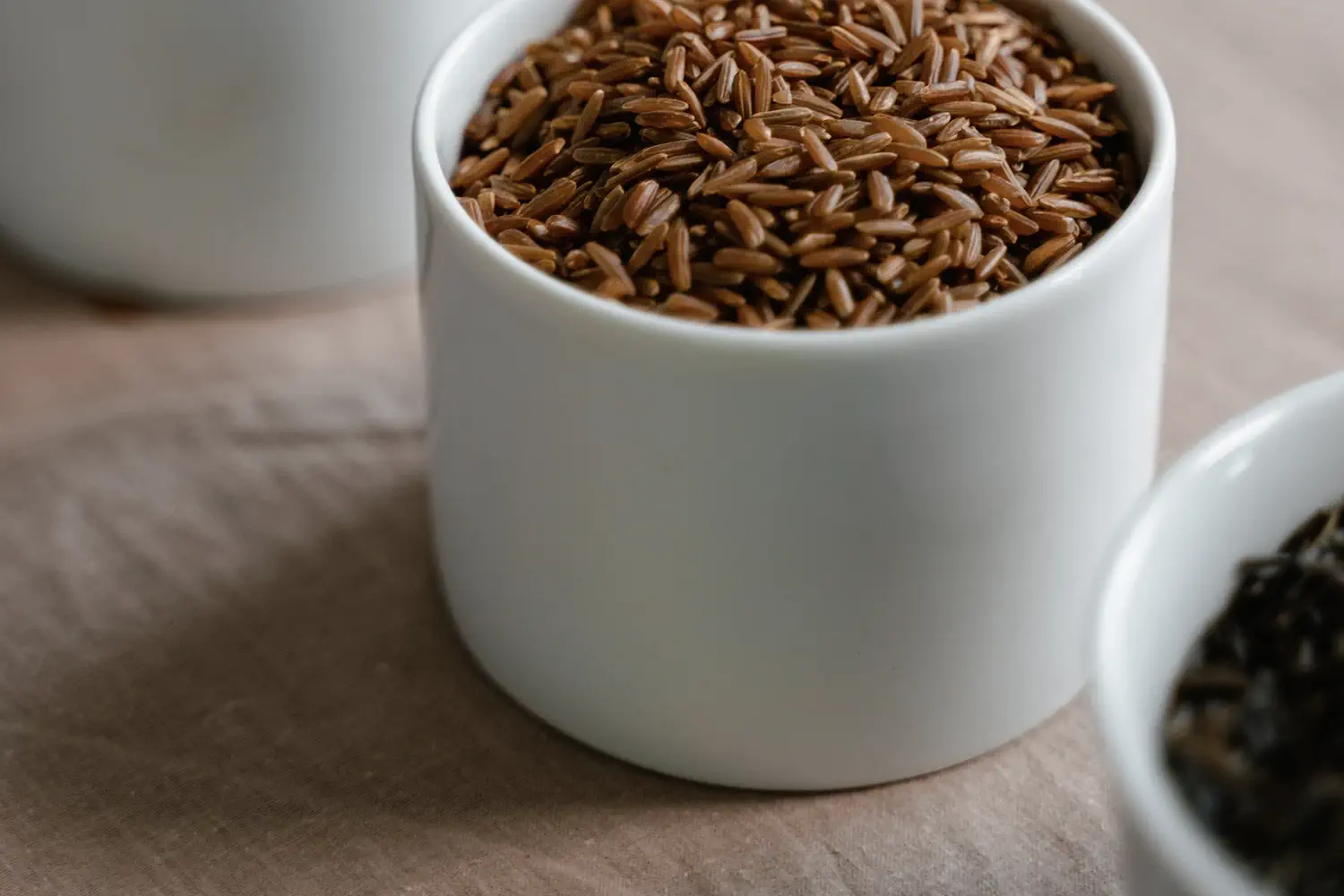 white container filled with brown rice